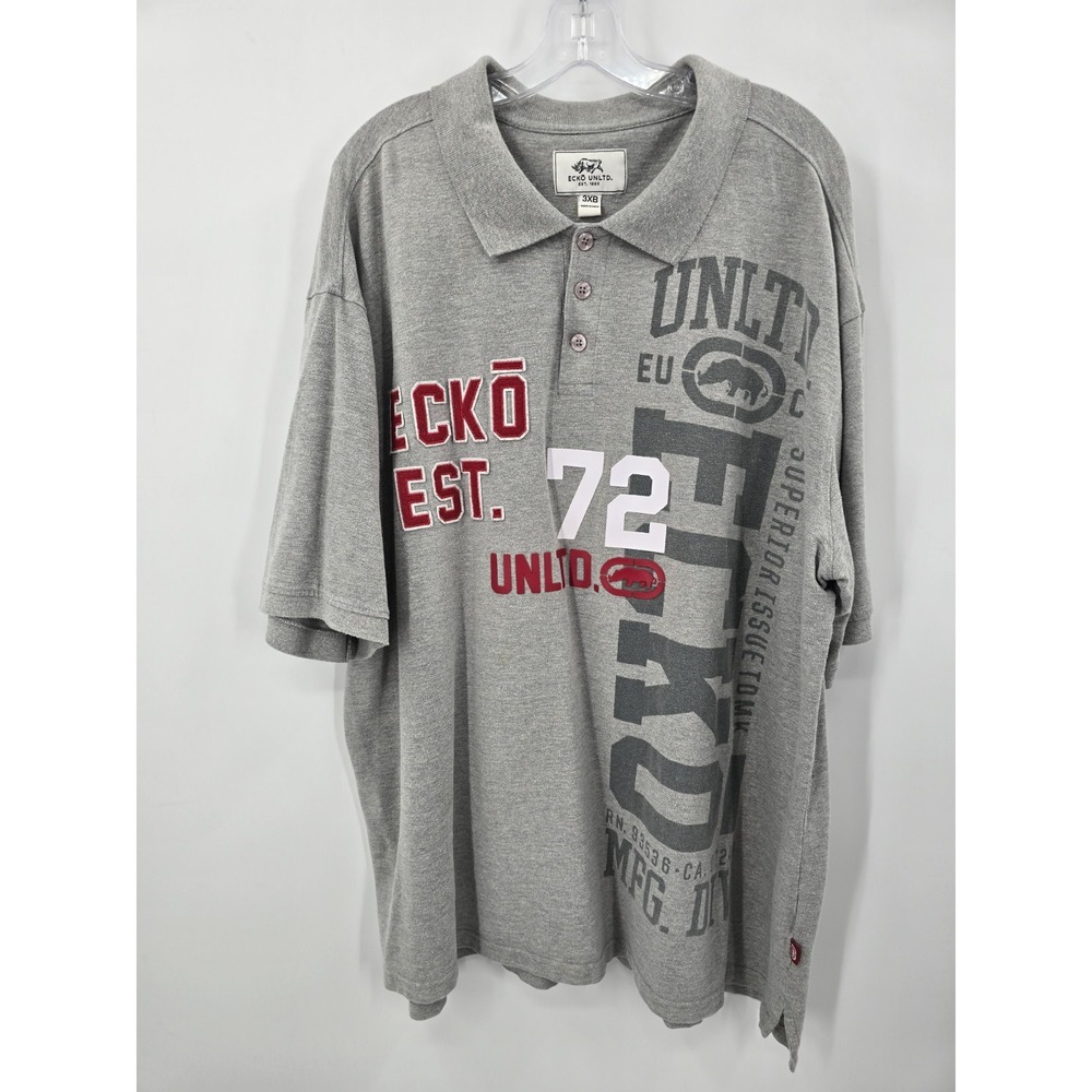Ecko Unltd Polo Mens 3XB Grey Graphic Patch Y2k Big & Tall